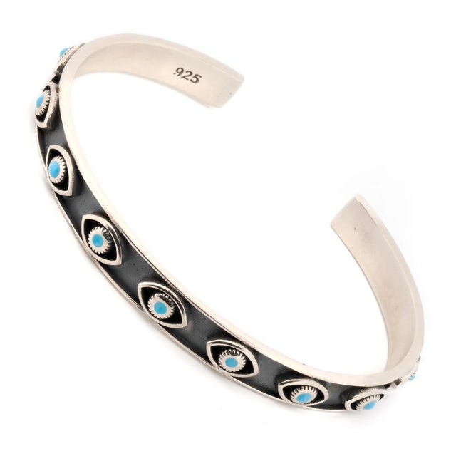 Asian Turquoise Evil Eye Sterling Silver Cuff Bangle Bracelet For Sale - Image 3 of 7