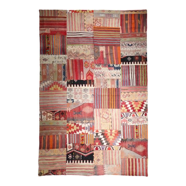 Mid 20th Century Authentic Turkish Kilim Patchwork Rug With Tribal & Geometric Designs -5' 7'' X 9' 10'' For Sale