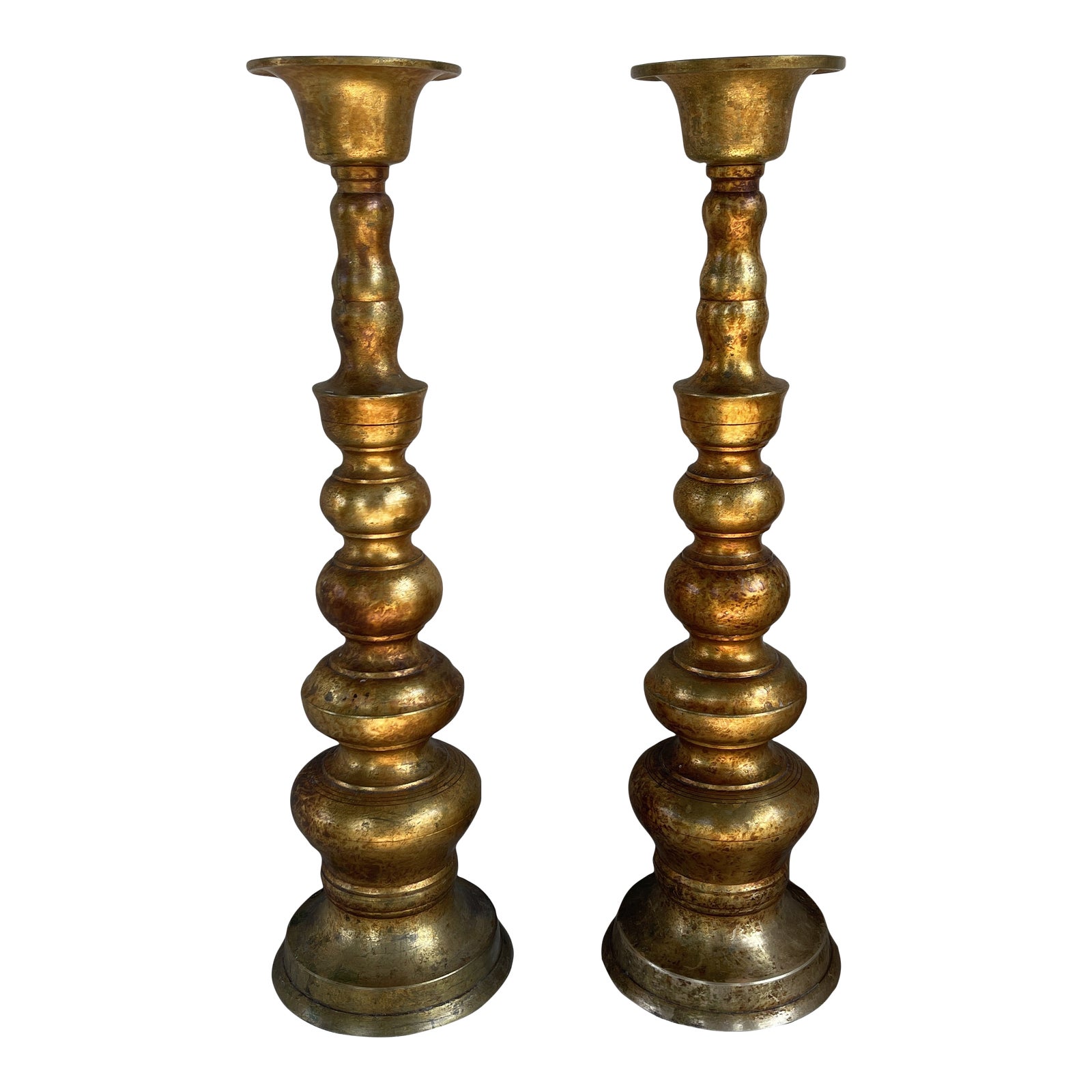 Late 20th Century Tall Antiqued Brass Tone Floor/Mantle Candle Holders