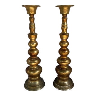 Tall Antiqued Brass Tone Floor/Mantle Candle Holders- a Pair For Sale