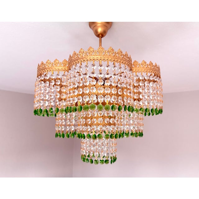Vintage Crystal Tiered Flush Mount Chandelier With Green Crystal Accents - Restored For Sale - Image 12 of 18