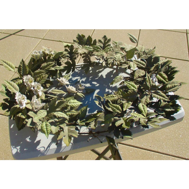 Vintage mid-century tole foliage wreath. Tole-formed oak and rose flowers and leaves. Beautifully colored soft dusty sage...