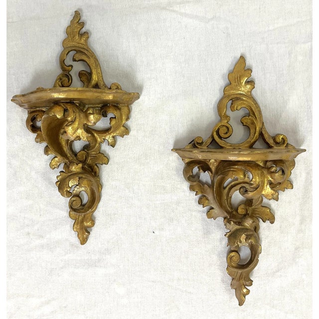 Vintage Italian Rococo Style Gilt Carved Wood Wall Brackets- a Pair For Sale In West Palm - Image 6 of 13