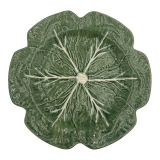 Vintage Bordallo Pinheiro Majolica Green Cabbage 12” Ceramic Plate Serving Platter For Sale