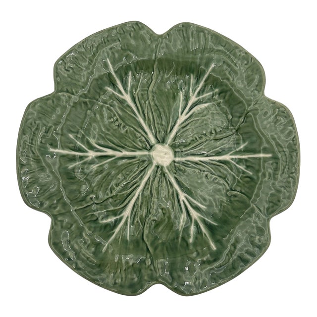 Vintage Bordallo Pinheiro Majolica Green Cabbage 12” Ceramic Plate Serving Platter For Sale