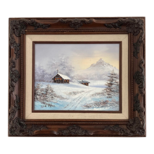 Small Vintage Winter Landscape Oil Painting by Van Bell
