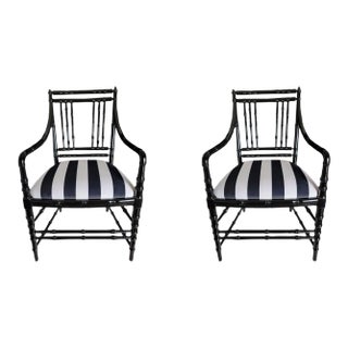 1950s Antique Faux Bamboo Armchairs in Black Lacquer and Striped Velvet Upholstery - Set of 2 For Sale