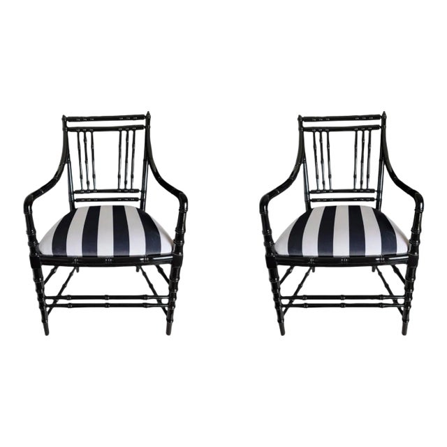 1950s Antique Faux Bamboo Armchairs in Black Lacquer and Striped Velvet Upholstery - Set of 2 For Sale