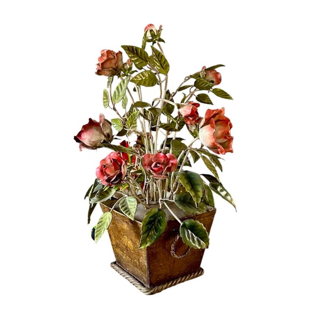 Vintage Large Italian Tole Potted Rose Bouquet Flower / Floral Arrangement Sculpture in Gilt Pot For Sale - Image 4 of 10
