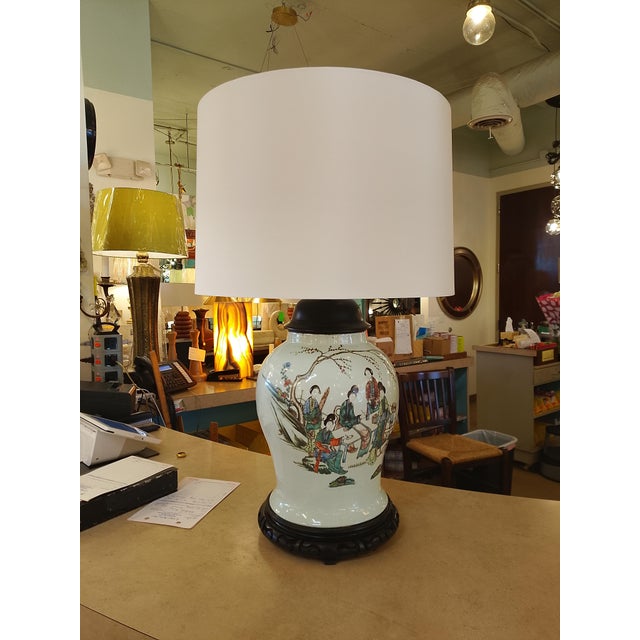 Vintage Chinese Porcelain Figural Table Lamp With Silk Drum Shade For Sale - Image 4 of 6