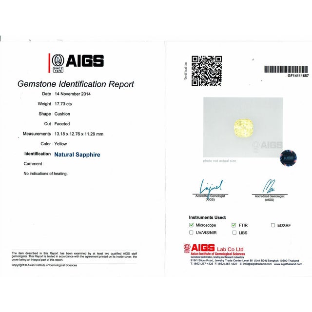 Yellow 17.73ct Yellow Sapphire Diamond Tsavortite 18k White Gold Ring, Aigs No-Heat, Size 7 For Sale - Image 8 of 8