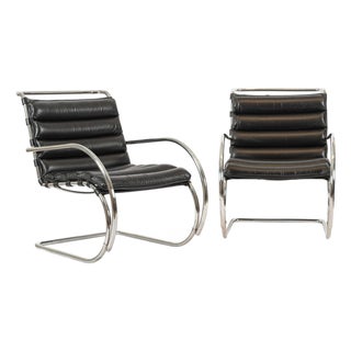 Mid Century Mr Black Leather Arm Chairs by Mies Van Der Rohe for Knoll For Sale