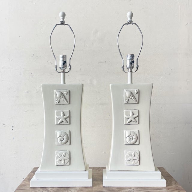Coastal Cream Sea Shell Ceramic Table Lamps - a Pair For Sale In Miami - Image 6 of 6