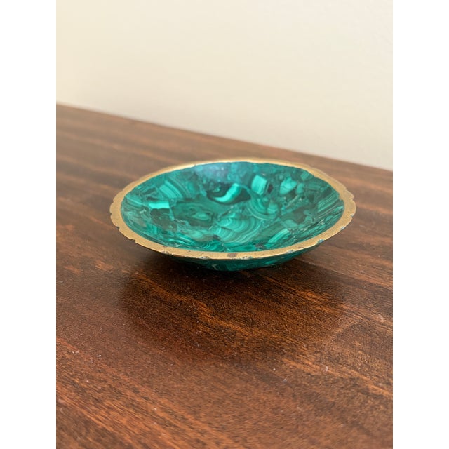 A stunning Russian style malachite bowl with brass trim Late 20th century Measures: 3.75"W x 3.75"D x 1"H. Very good...