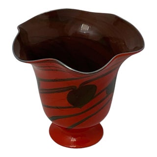 Vintage Hand Blown Studio Art Cased Glass Heart & Vine Ruffled Applied Bottom Vessel C. 1970s For Sale