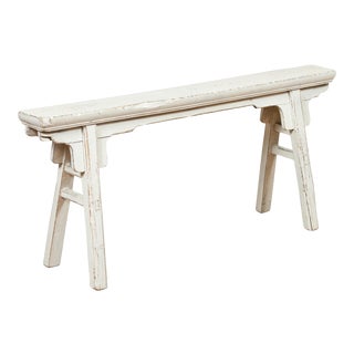 Chinese Contemporary White Painted Wooden Ming Style Bench with A-Form Base For Sale
