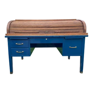 1920s Antique Tiger Oak Roll Top Metal Desk