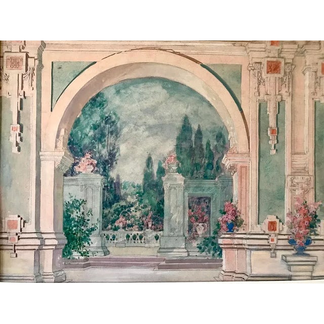Antique Italian Neoclassical Architectural Garden Courtyard Watercolor Painting For Sale - Image 4 of 7