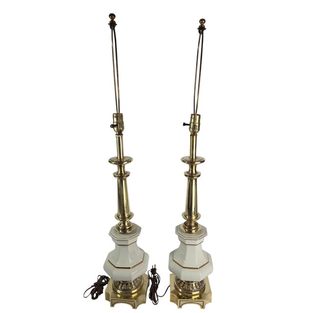 1960s Stiffel Brass and Porcelain Table Lamps, a Pair For Sale In Chicago - Image 6 of 15