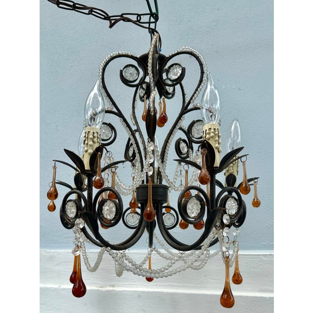Vintage French Rococo Revival 6-Arm Wrought Iron Chandelier With Amber Glass Drops. For Sale - Image 10 of 12