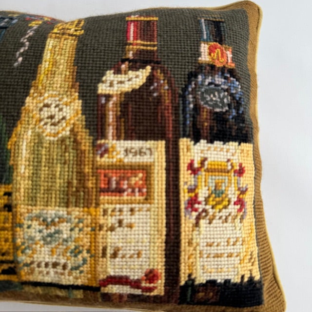 1990s Chelsea Textiles Wine Bottle Needlepoint Pillow – 100% Wool, Down Insert, English Estate Style For Sale - Image 5 of 14