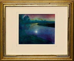 1989 "Elkhorn Slough" Watercolor Cyanotype Painting by Cheryl Trotter, Framed