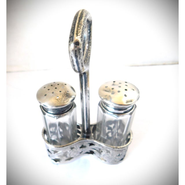 Antique Sterling Salt and Pepper Shakers in Sterling Openwork Floral Holder With Handle For Sale - Image 10 of 10