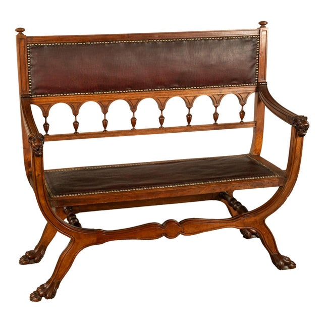 Late 19th Century Antique Renaissance Revival Carved Walnut & Leather Hall Window Bench Italy 1880 For Sale - Image 5 of 15