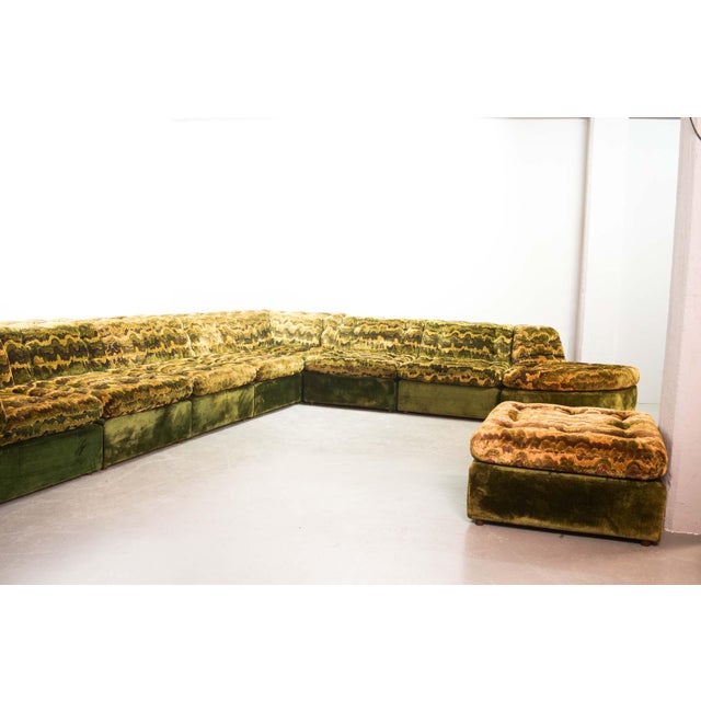 Very comfortable and highly decorative goldish green velvet modular sofa set. The sofa exudes a relaxed bohemian charm....