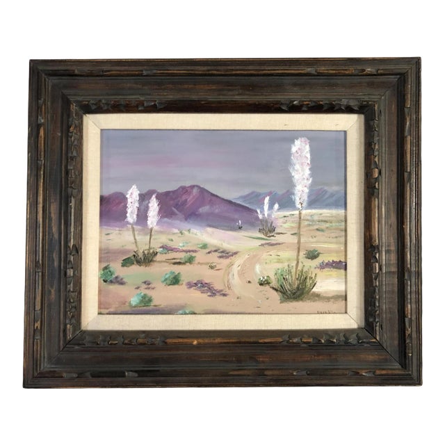 1950s Mid Century Desert Scenic Landscape Oil on Board in Original Frame, Signed For Sale