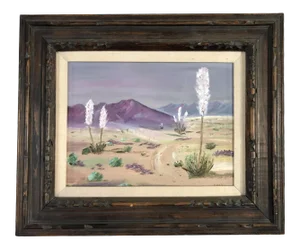 1950s Mid Century Desert Scenic Landscape Oil on Board in Original Frame, Signed