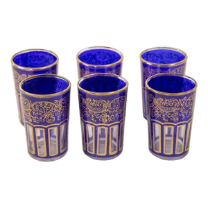 Moroccan Royal Blue Glasses With Gold Moorish Arabesque Design Set of 6 Barware