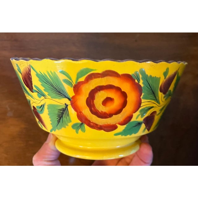 Antique Early 19th Century English Staffordshire Canary Yellow Bowl With Hand Painted Roses For Sale - Image 9 of 12