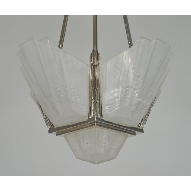 Jean Gauthier Ejg French Art Deco Nickeled Bronze & Frosted Glass Chandelier 1930s For Sale - Image 10 of 11