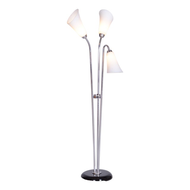 Czech Art Deco Floor Lamp in Chrome, Opal Glass and Lacquered Wood, 1930s For Sale