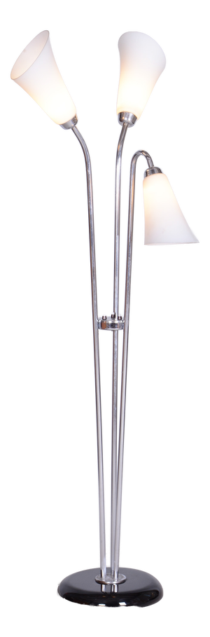 Czech Art Deco Floor Lamp in Chrome, Opal Glass and Lacquered Wood, 1930s