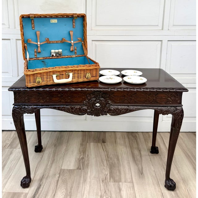 Vintage English Sirram Wicker Picnic Hamper Suitcase With Blue Interior & Plates For Sale - Image 14 of 14