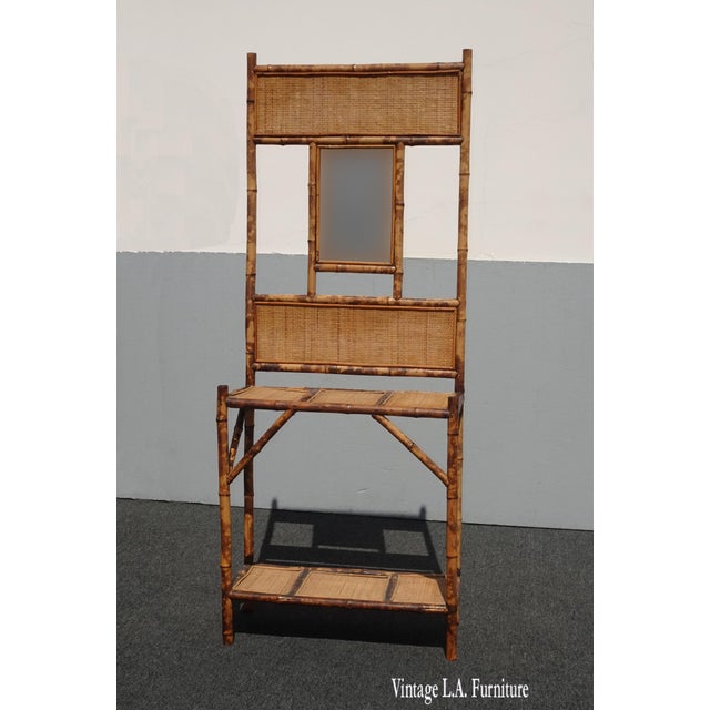 Vintage French Country Bamboo Rattan Hall Tree Side Table W Mirror
