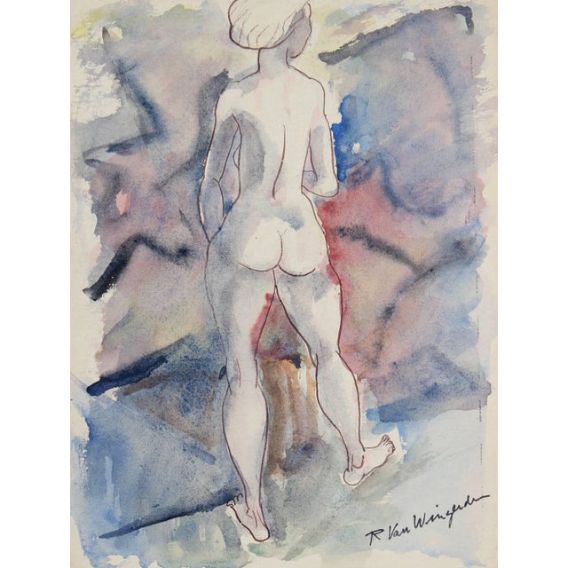 Richard Van Wingerden Expressionist Nude in Blue and Purple Watercolor Painting, Circa 1950s For Sale