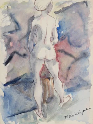 Richard Van Wingerden Expressionist Nude in Blue and Purple Watercolor Painting, Circa 1950s
