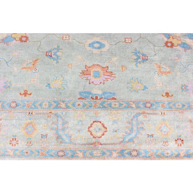 Hand-Knotted Floral Oushak Rug in Light Blue by Keivan Woven Arts For Sale In Atlanta - Image 6 of 13