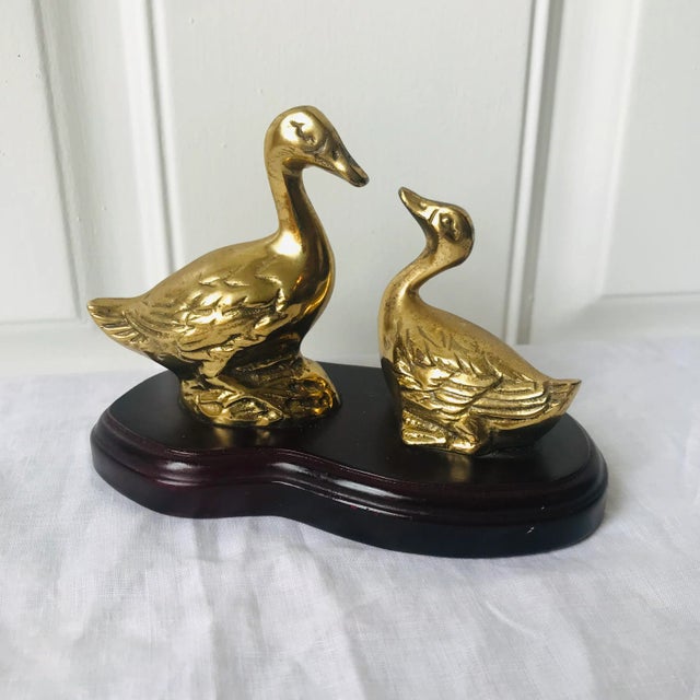 Mid Century Brass Ducks Figurines Mounted on Wooden Base For Sale - Image 6 of 6