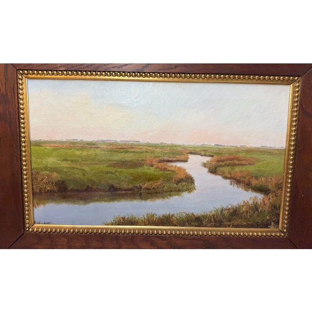 This antique 1895 original realistic marshland landscape oil painting is a unique and one-of-a-kind piece from the 19th...