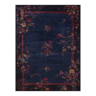 1920s Blue Navy Floral Medallion Vase Antique Chinese Art Deco Room Size Rug For Sale