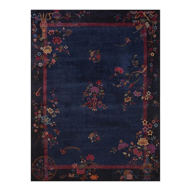 1920s Blue Navy Floral Medallion Vase Antique Chinese Art Deco Room Size Rug For Sale