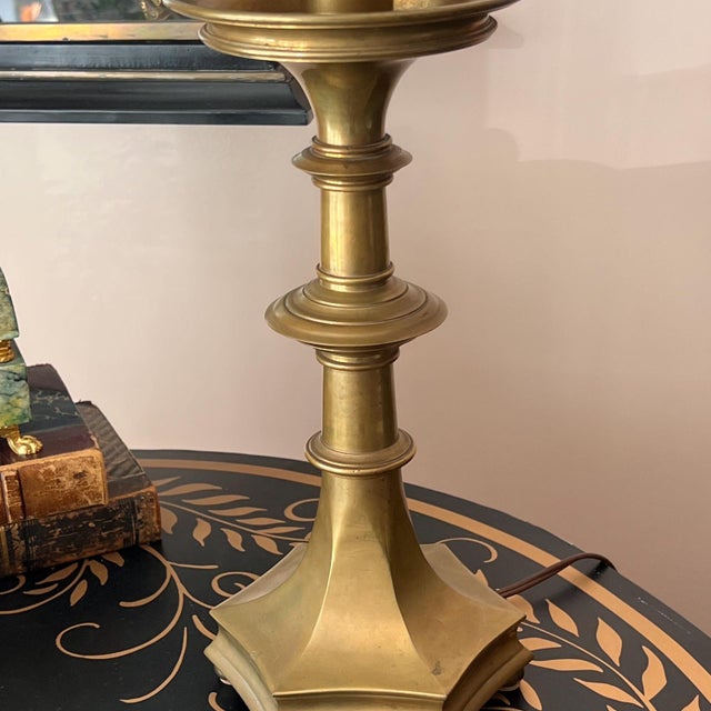 Brass 1960s Monumental unlacquered brass Holzheimer lamp with shield shade // Hollywood regency brass lamp // midcentury lamp // glamorous //accent lamp For Sale - Image 8 of 10
