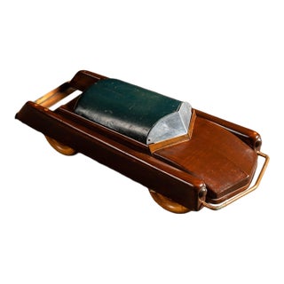 Vintage Figural Wood and Copper Roadster Tobacco Box For Sale