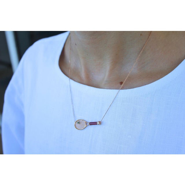 Tennis Racket Red Carnelian Handle Green Emerald Tennis Ball Jewelry 18 Karat For Sale In Washington DC - Image 6 of 9