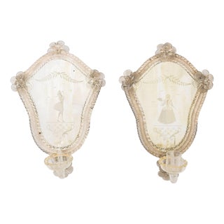 Venetian Etched Mirrored Glass Appliques, Pair For Sale