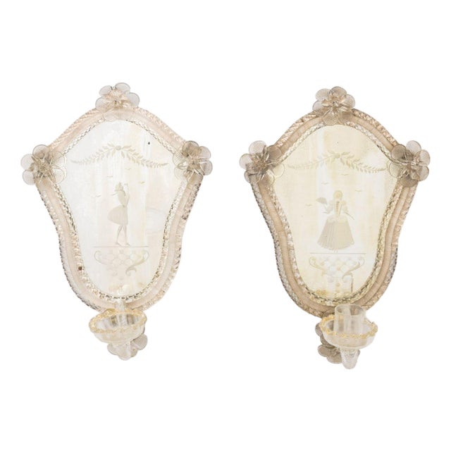 Venetian Etched Mirrored Glass Appliques, Pair For Sale